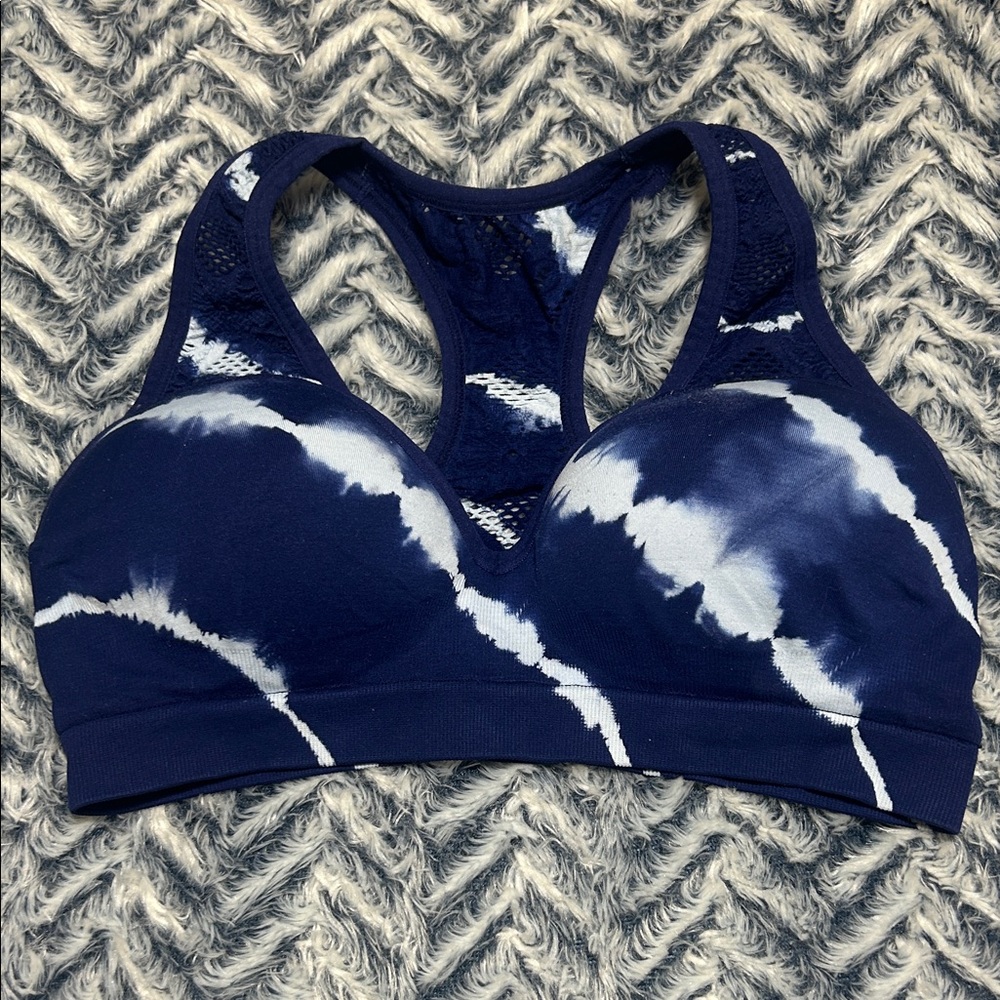 PINK Victoria's Secret Navy Blue & White Tie-Dye Racerback Sports Bra